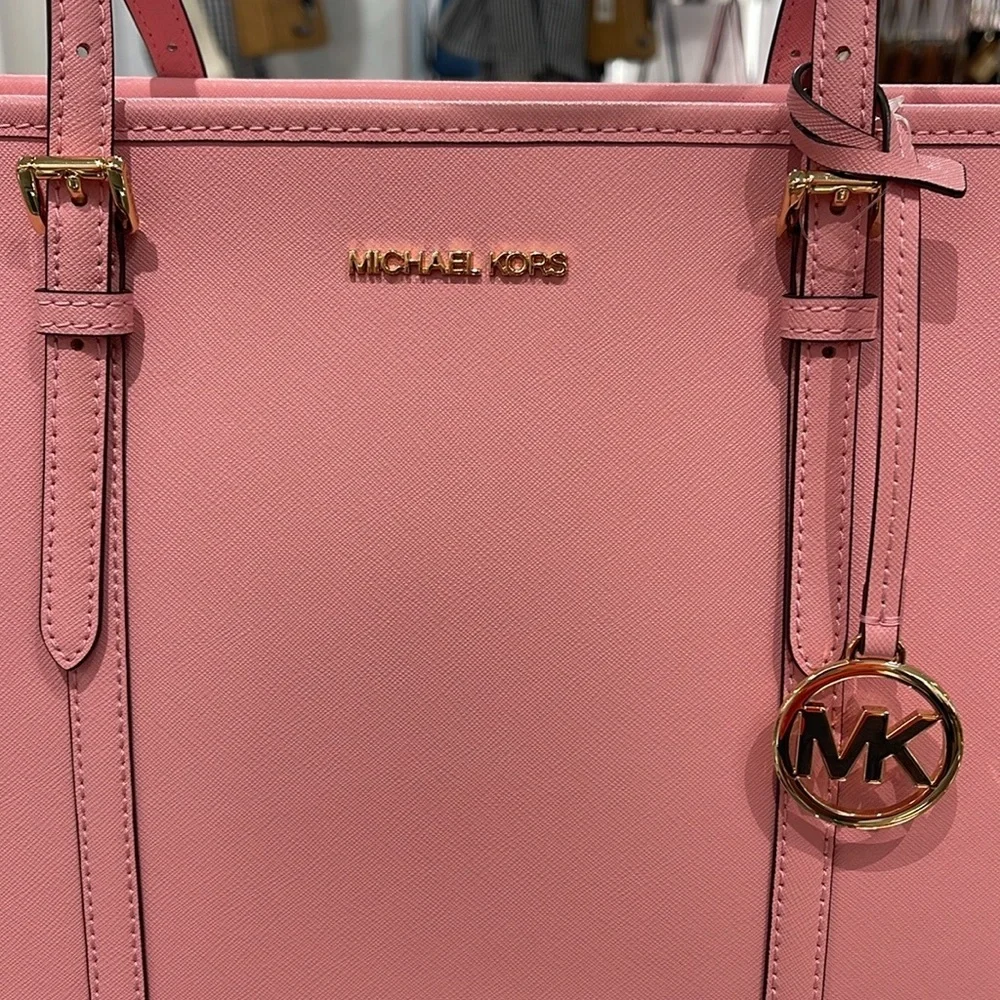 MICHAEL KORS Jet Set Travel Lg Top Zip Shoulder Tote Saffiano Leather Carnation